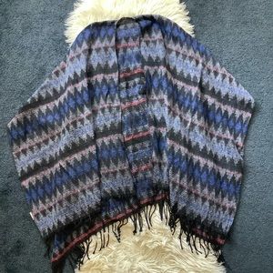Blue & red knit fringe shawl hippie boho cardigan